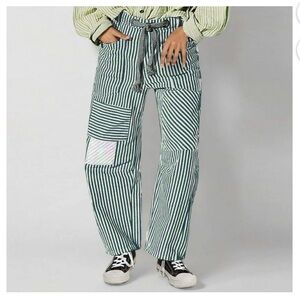 Striped Wide-Leg Patchwork Pants in Green and White by